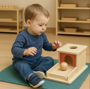 Toddler with Montessori Object Permanence Box with Tray Toddler playing with Montessori Object Permanence Box with tray – educational wooden toy for ages 9 to 18 months