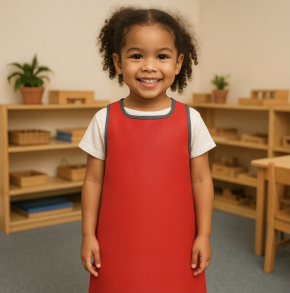 Red Waterproof Apron A girl wearing a red waterproof apron - ideal for classroom activities, designed to keep kids clean and dry during arts, crafts, and other creative projects.