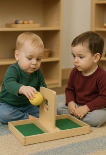 Imbucare Board with Knit Ball - Montessori Toy  Imbucare Board with Knit Ball at E&O Montessori, Toddler wooden Montessori Toy