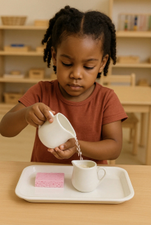 Montessori Water Pouring – Porcelain Creamers Set Montessori pouring activity with two small porcelain creamers and sponge