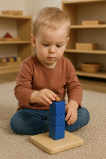 Montessori Cubes on Vertical Dowel Toddler placing wooden cubes on vertical dowel for Montessori fine motor development