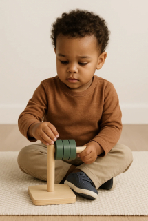 Montessori Discs on Horizontal Dowel alt="Toddler working with Montessori Discs on Horizontal Dowel for wrist rotation and fine motor skills"