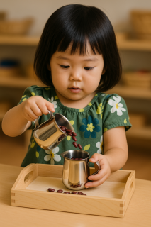 Montessori Water Pouring – Stainless Steel Creamers Montessori pouring activity with stainless steel creamers and wooden tray
