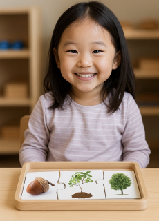 20-piece sequencing puzzle set with life cycles and daily routine steps for Montessori learning A girl working with 20-piece sequencing puzzle set with life cycles