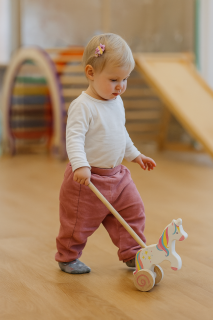 Montessori Push-Along Unicorn Toy for Toddlers Toddler pushing a Montessori wooden unicorn toy while learning to walk