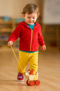 Pull-Along Animal - Dog Toddler pulling a wooden Montessori dog toy across a classroom floor.